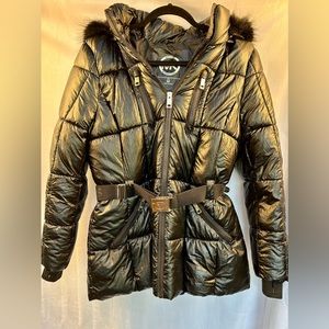 Michael Kors Hooded Jacket - Black - Faux Leather Trimmed Hood - Medium